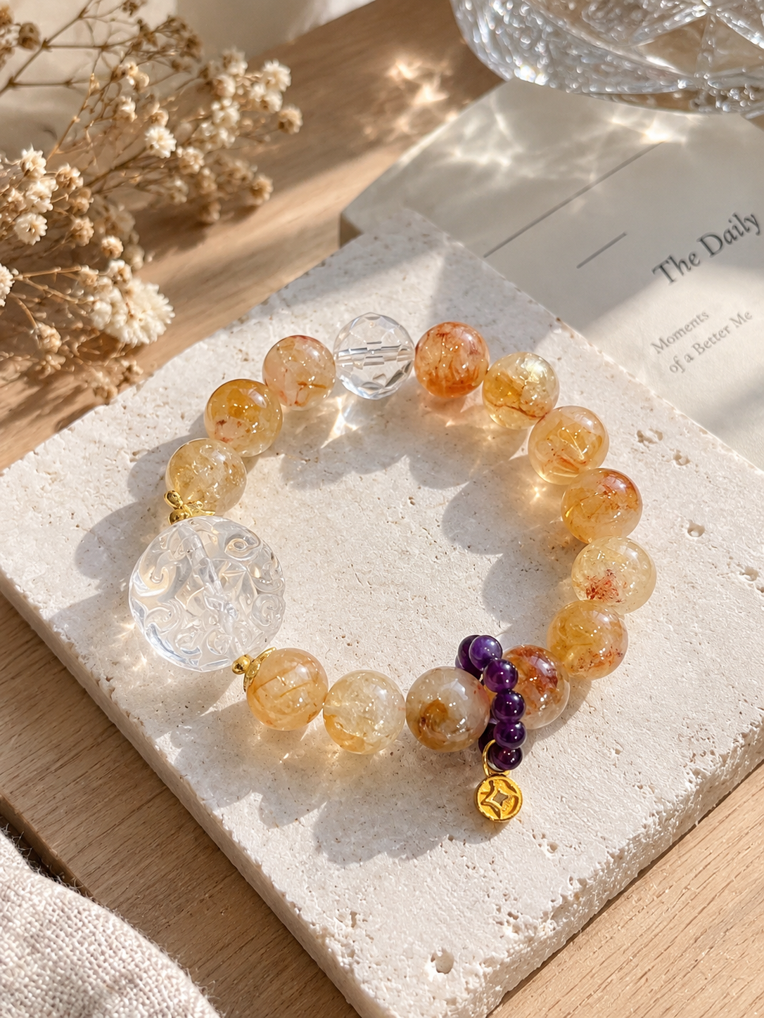 Natural Pyramid Citrine, Clear Quartz Fox Charm bracelet with 12mm beads