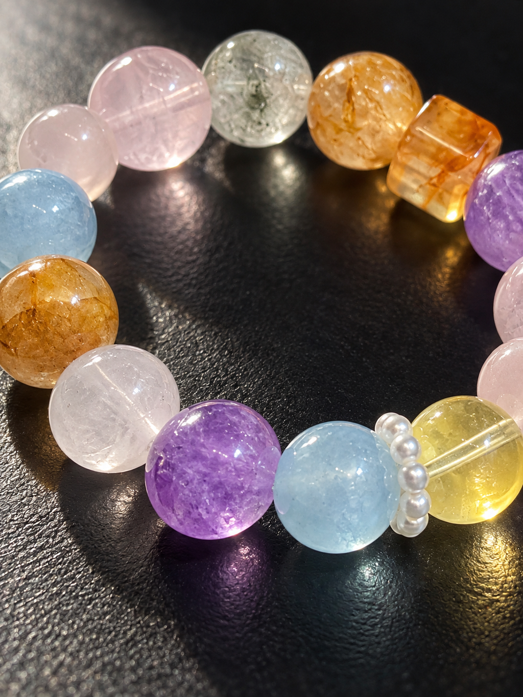 Additional view of natural Aquamarine, Citrine bracelet with 12mm beads with gemstone details