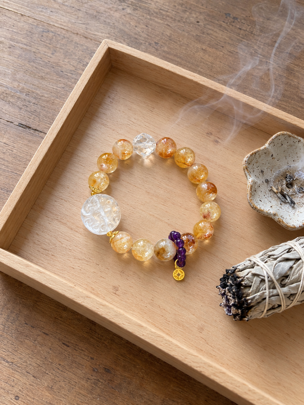 Additional view of natural Pyramid Citrine, Clear Quartz Fox Charm bracelet with 12mm beads with gemstone details