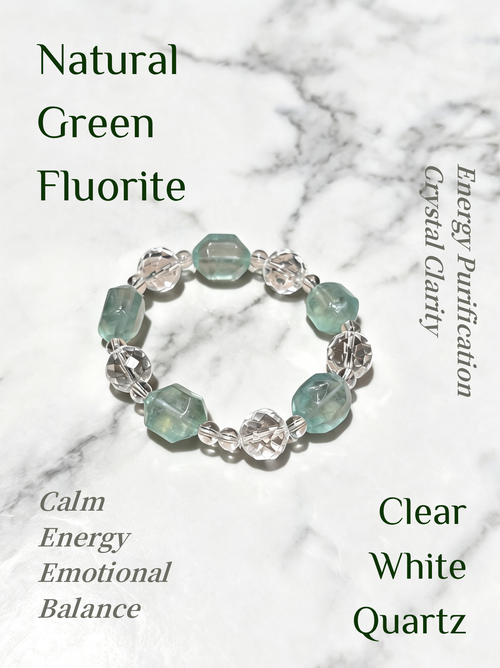 Natural Green Fluorite & White Quartz Bracelet – Summer Crystal Jewelry for Calm, Balance & Natural Serenity