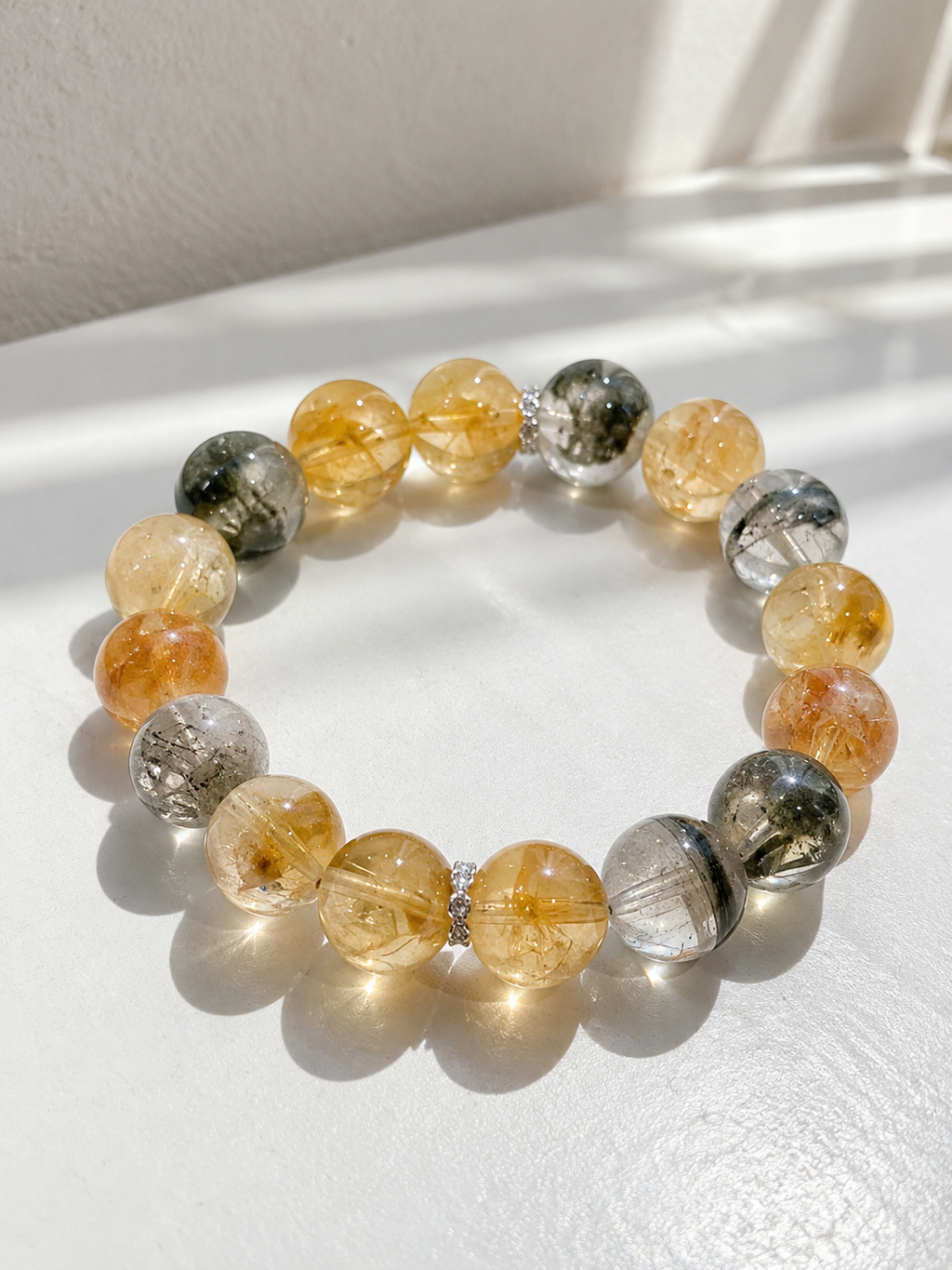Natural Green Phantom Quartz, Pyramid Citrine bracelet with 11mm beads