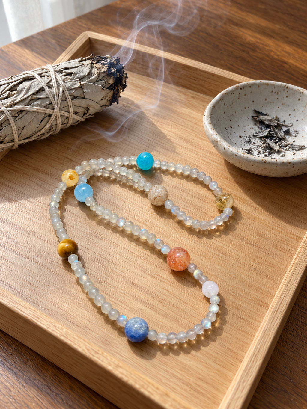 Additional view of natural Gray Moonstone, Red Flower Agate bracelet with 8mm beads with gemstone details