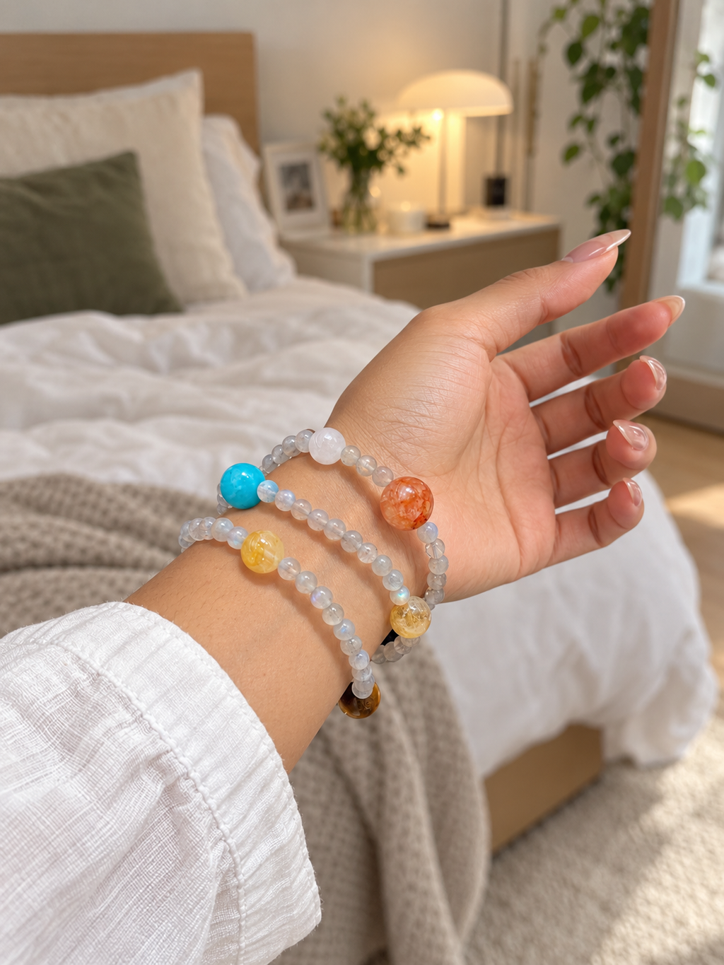 Additional view of natural Gray Moonstone, Red Flower Agate bracelet with 8mm beads with gemstone details