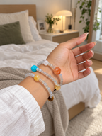 Additional view of natural Gray Moonstone, Red Flower Agate bracelet with 8mm beads with gemstone details