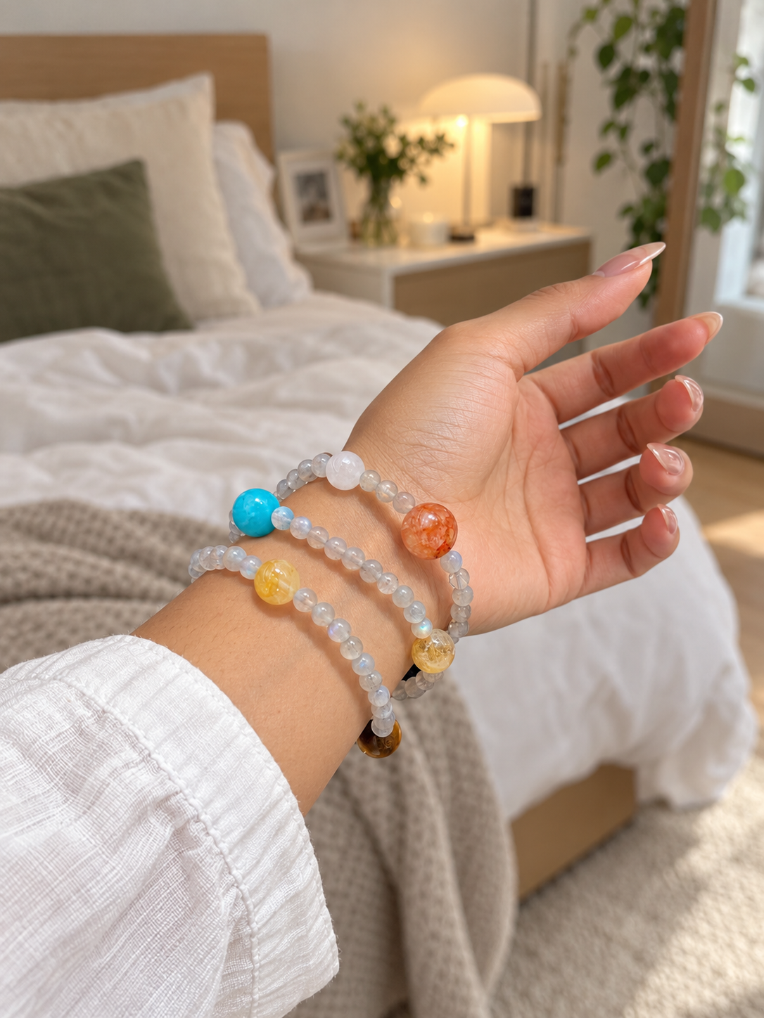 Additional view of natural Gray Moonstone, Red Flower Agate bracelet with 8mm beads with gemstone details
