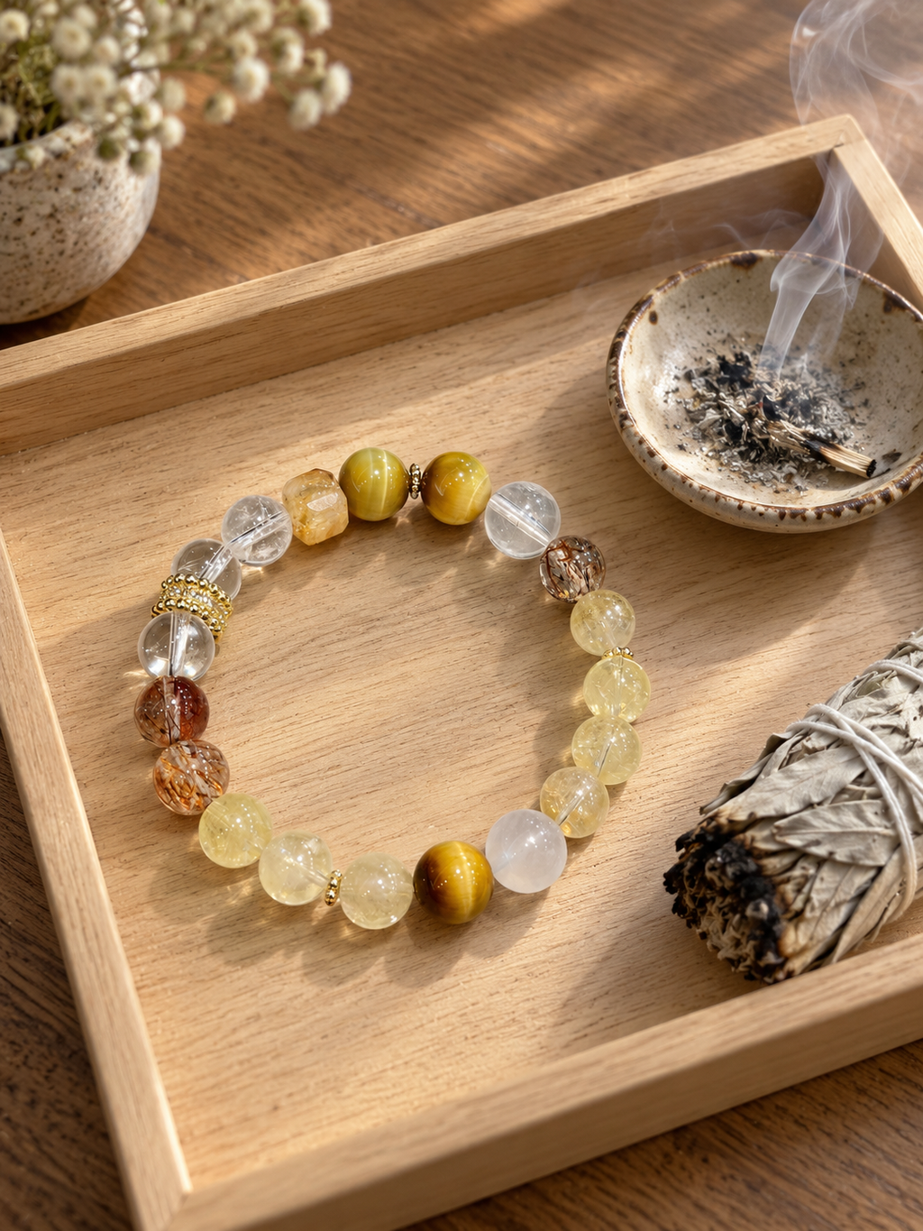 Additional view of natural Golden Tiger's Eye, Lemon Azeztulite (trade name) bracelet with 8mm beads with gemstone details