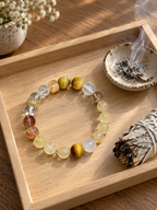 Additional view of natural Golden Tiger's Eye, Lemon Azeztulite (trade name) bracelet with 8mm beads with gemstone details