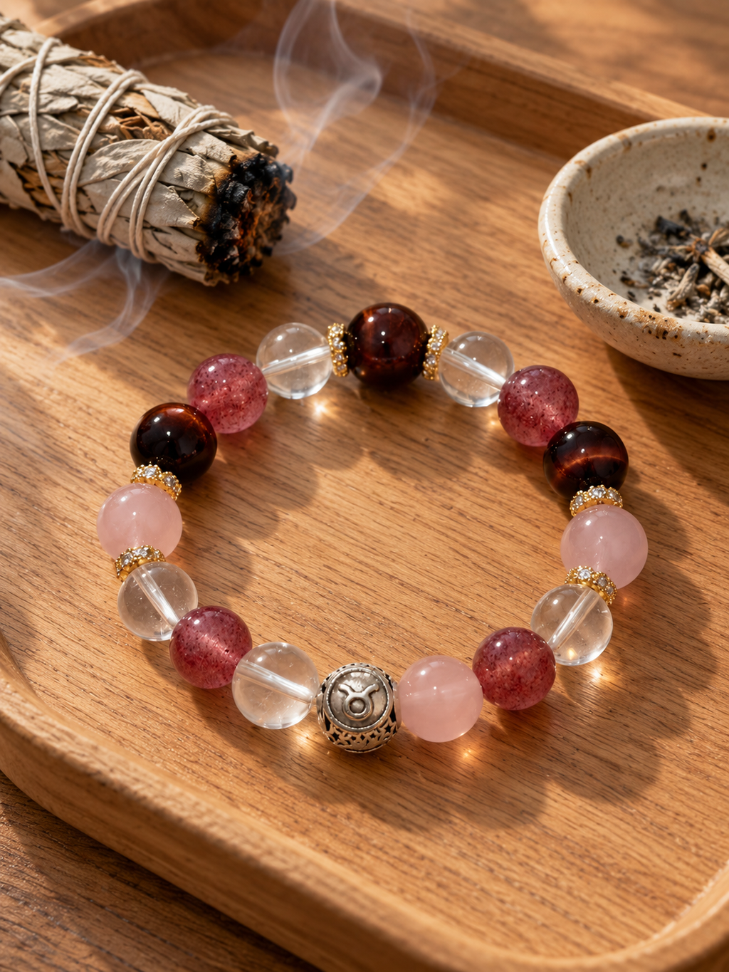 Aries zodiac crystal bracelet displayed in a minimalist crystal cleansing ritual setting