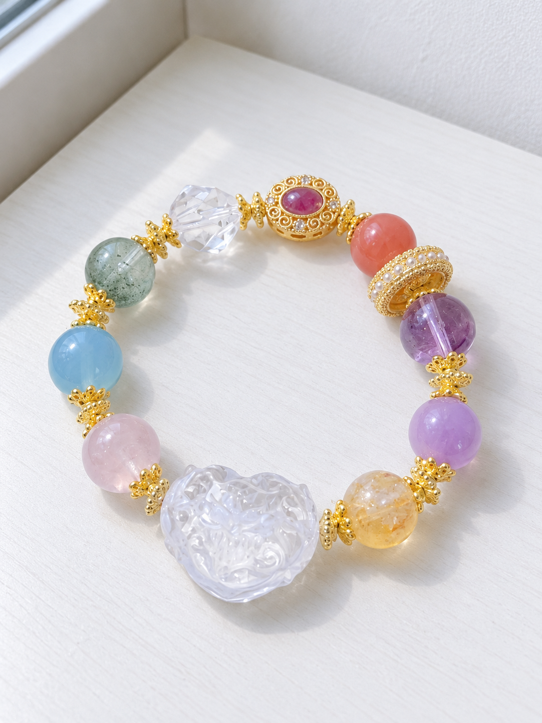 Natural Aquamarine, Nanhong Agate, Green Phantom Quartz, Amethyst bracelet