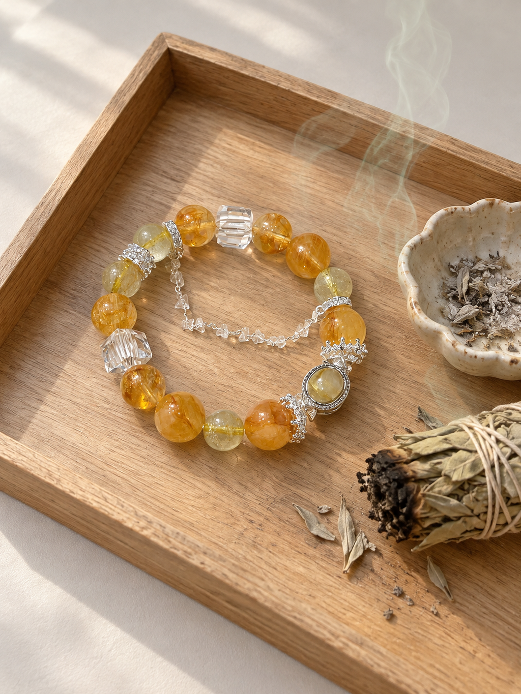 Additional view of natural Pyramid Citrine, Golden Rutilated Quartz bracelet with 12mm beads with gemstone details