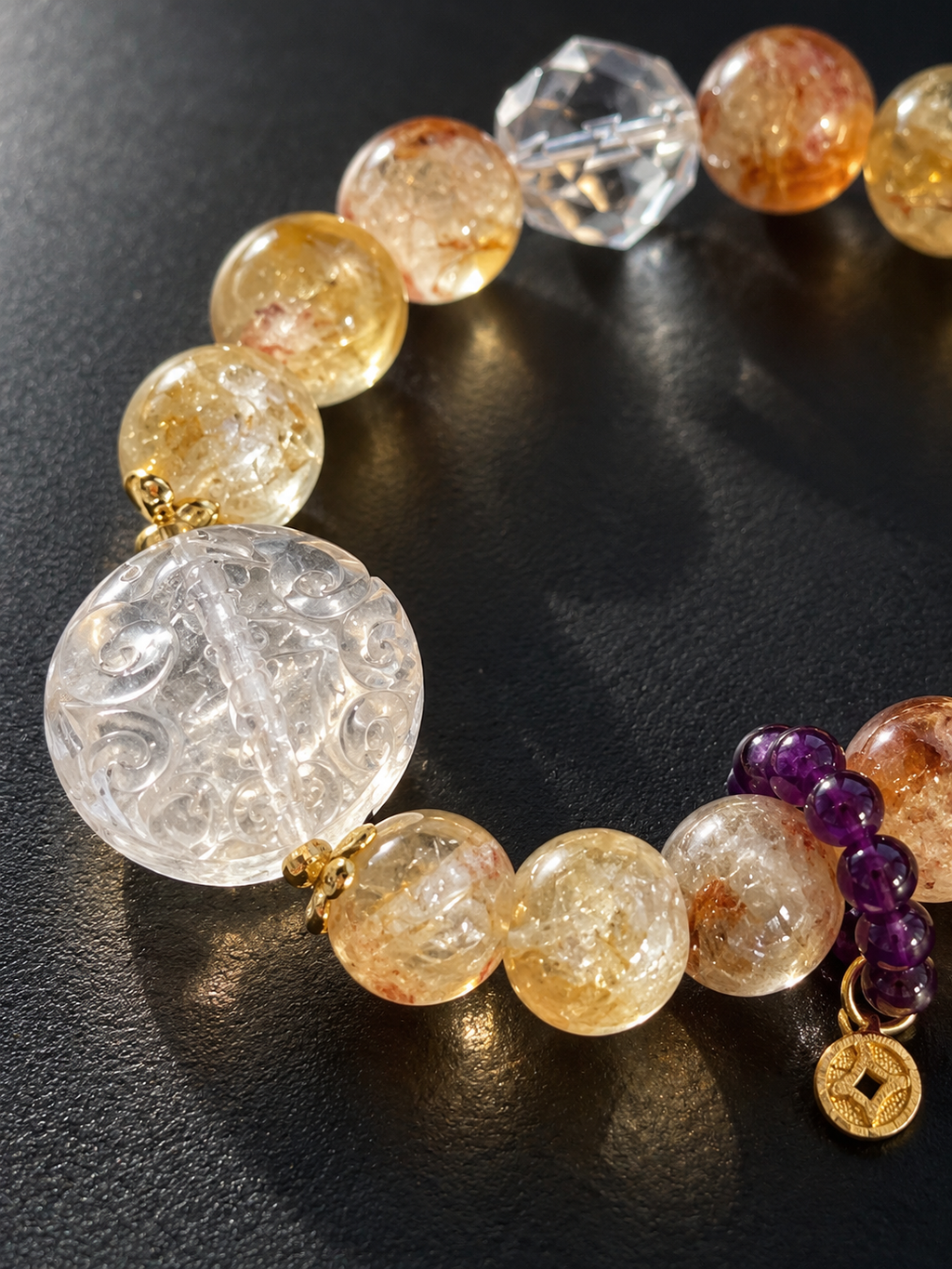 Additional view of natural Pyramid Citrine, Clear Quartz Fox Charm bracelet with 12mm beads with gemstone details
