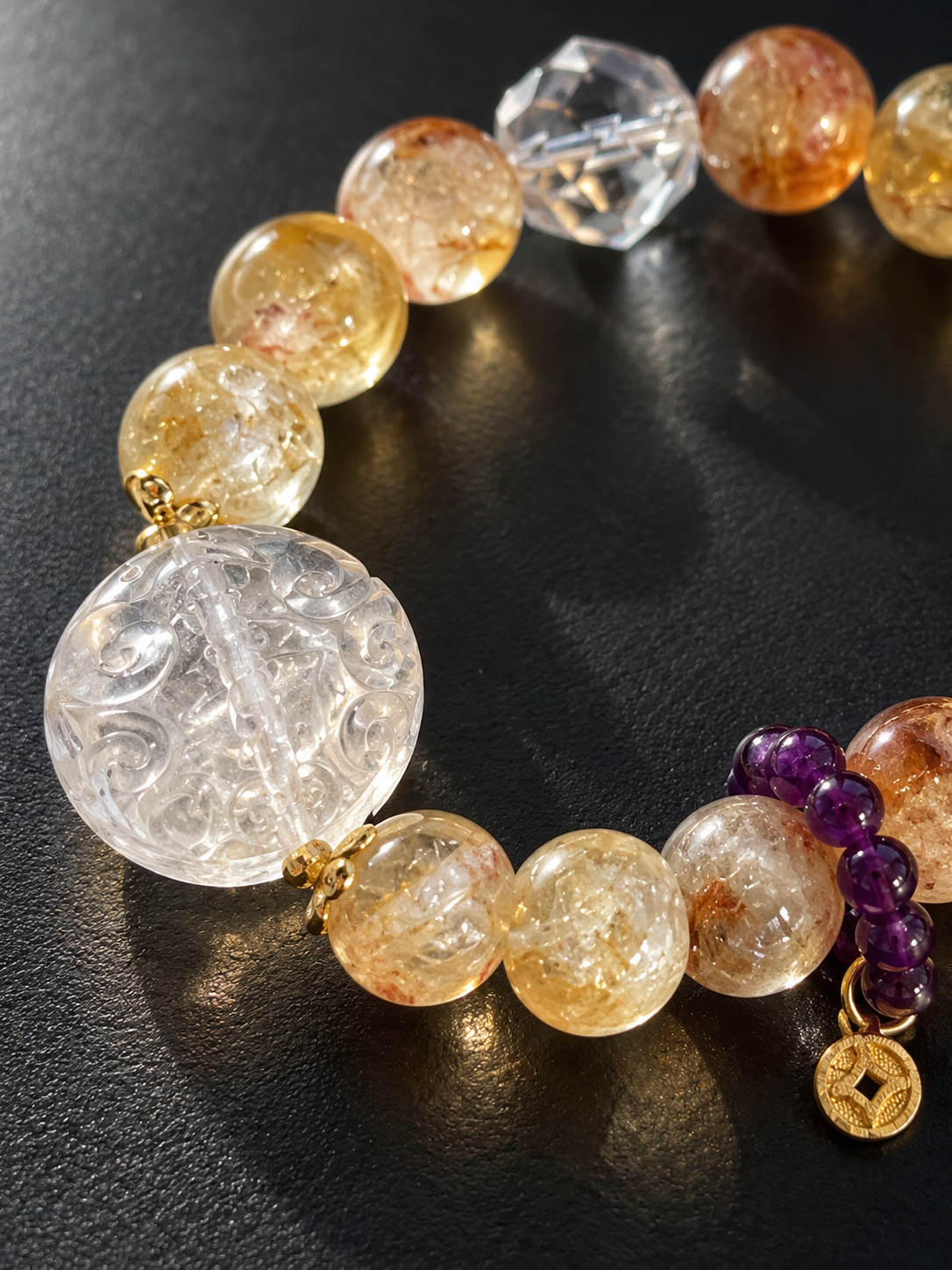 Additional view of natural Pyramid Citrine, Clear Quartz Fox Charm bracelet with 12mm beads with gemstone details
