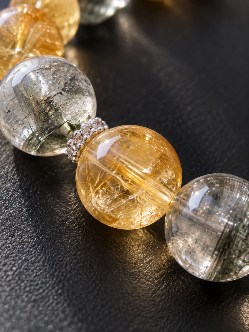 Additional view of natural Green Phantom Quartz, Pyramid Citrine bracelet with 11mm beads with gemstone details