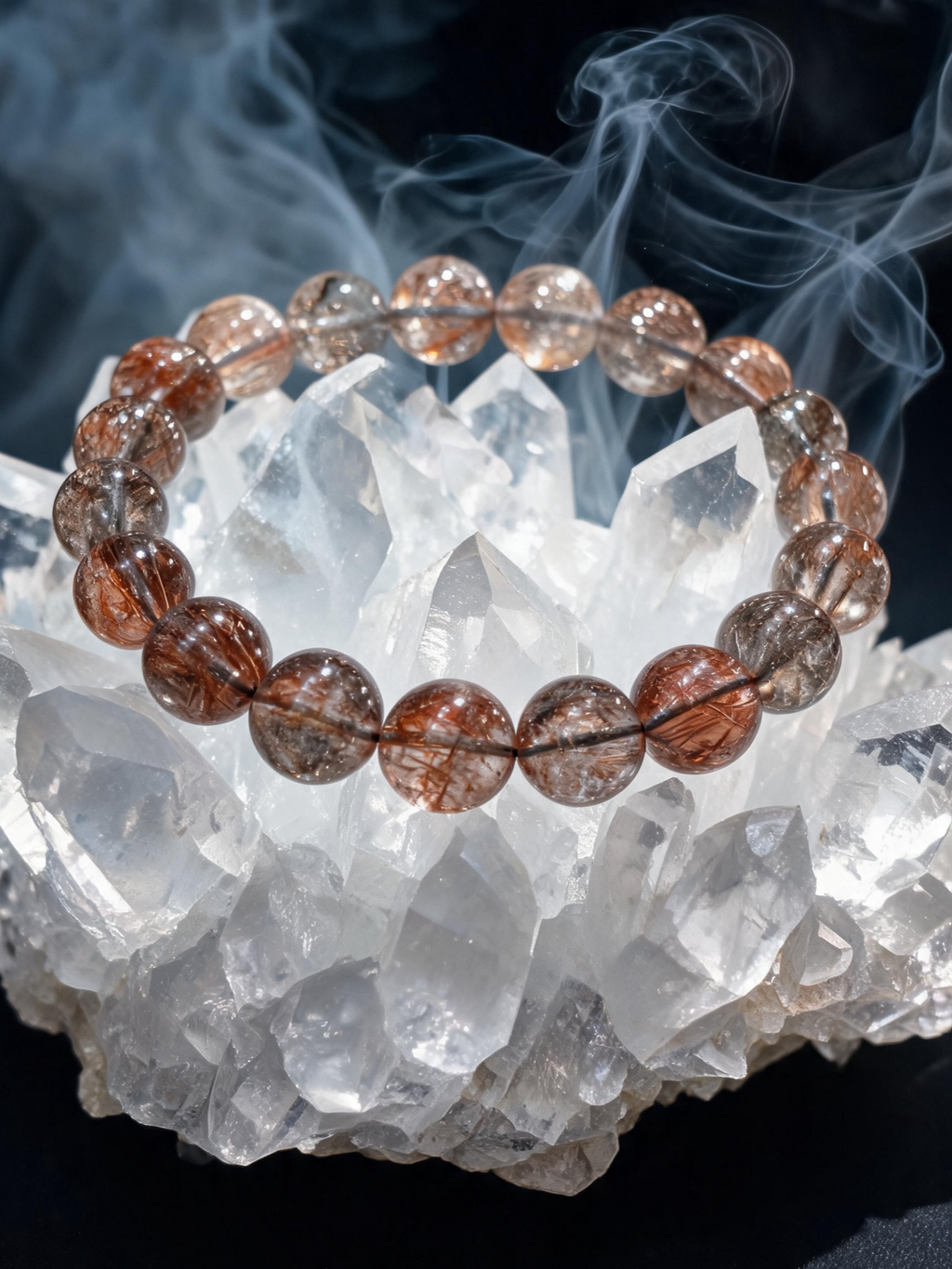 Black Gold Super Seven bracelet resting on a selenite cleansing plate with palo santo smoke