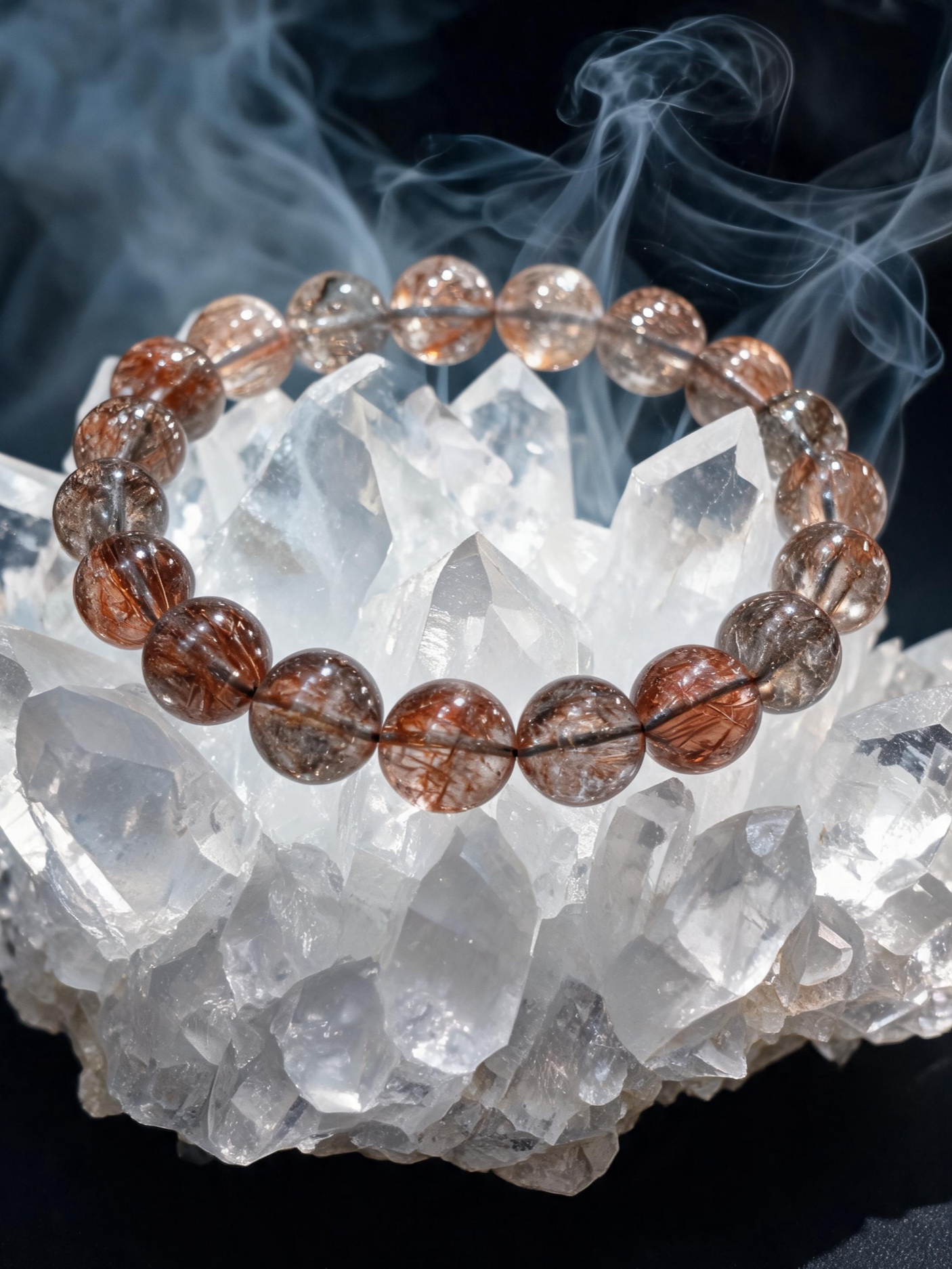 Black Gold Super Seven bracelet resting on a selenite cleansing plate with palo santo smoke