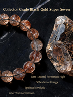 Macro close-up of a Super Seven bead showing translucent black and gold mineral inclusions