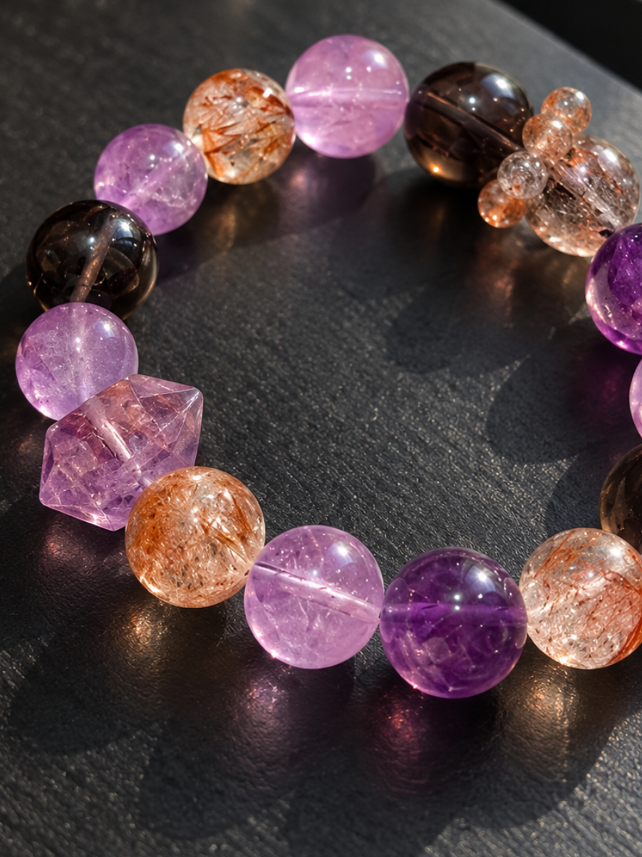 Close-up of natural amethyst, black gold Super Seven and smoky quartz beads with a double-terminated amethyst accent