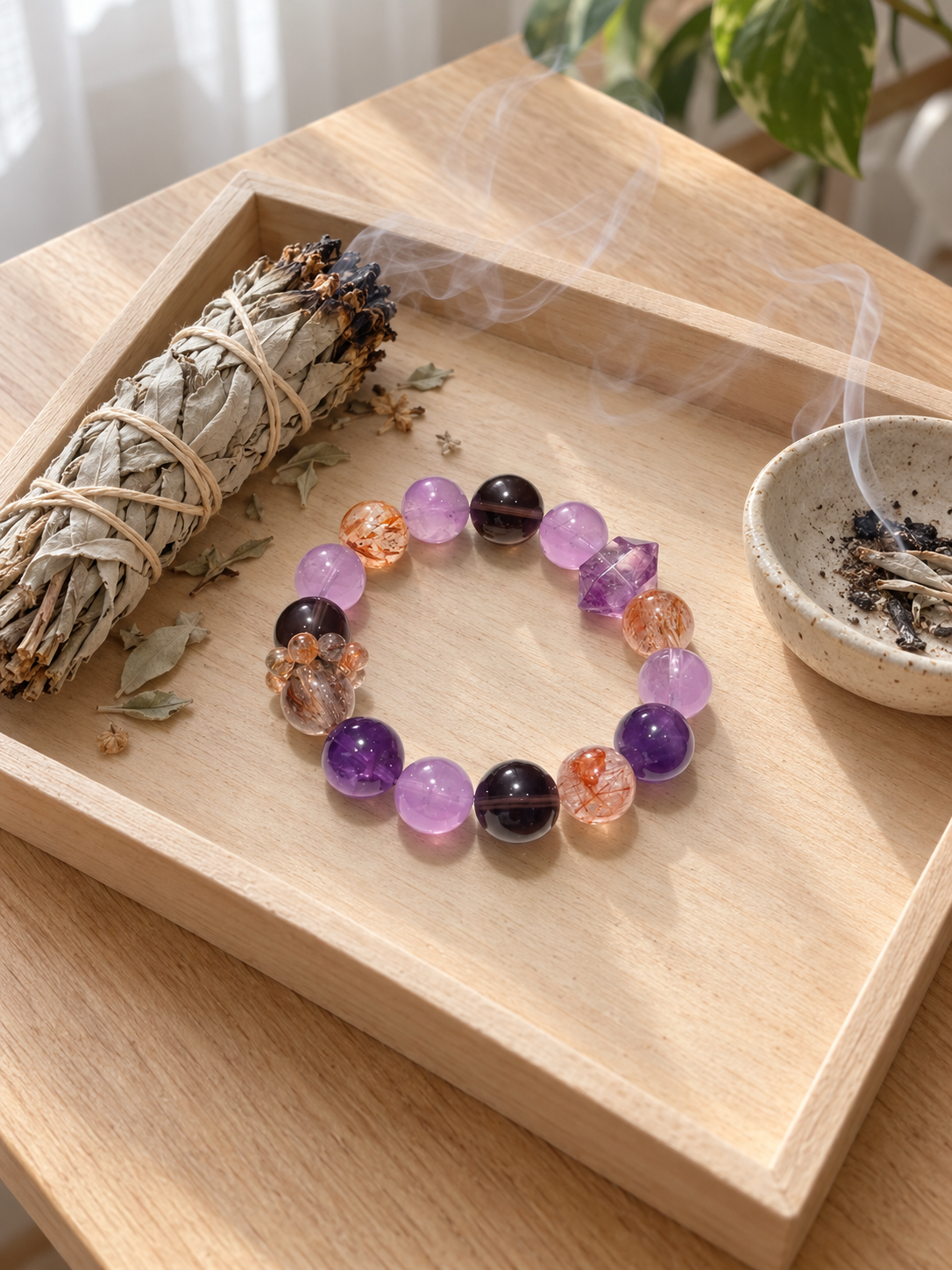 Amethyst, black gold Super Seven and smoky quartz bracelet displayed in a minimalist crystal purification ritual setting