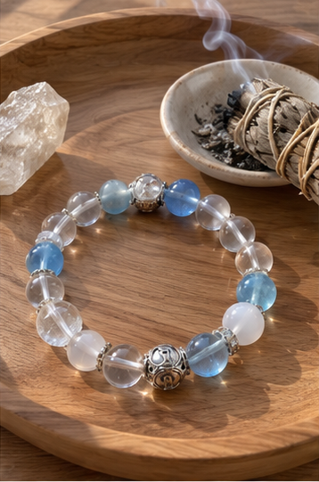 Aquarius zodiac crystal bracelet displayed in a minimalist crystal cleansing ritual setting