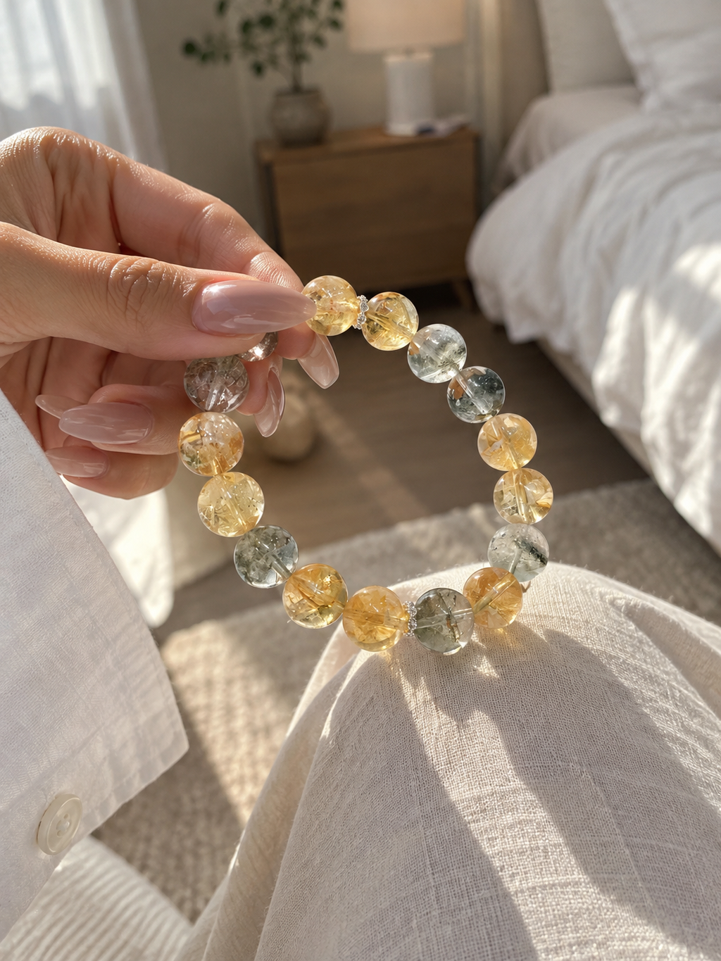 Additional view of natural Green Phantom Quartz, Pyramid Citrine bracelet with 11mm beads with gemstone details