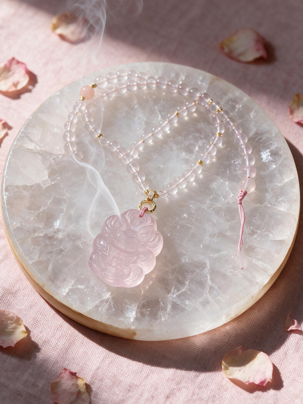 Rose quartz fox charm necklace resting on selenite plate with palo santo smoke