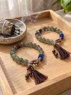 Hetian jade and agarwood bracelet with lapis lazuli accent displayed in a mindful purification ritual setting