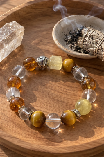 Leo zodiac crystal braceletdisplayed in a minimalistcrystal cleansing ritual setting