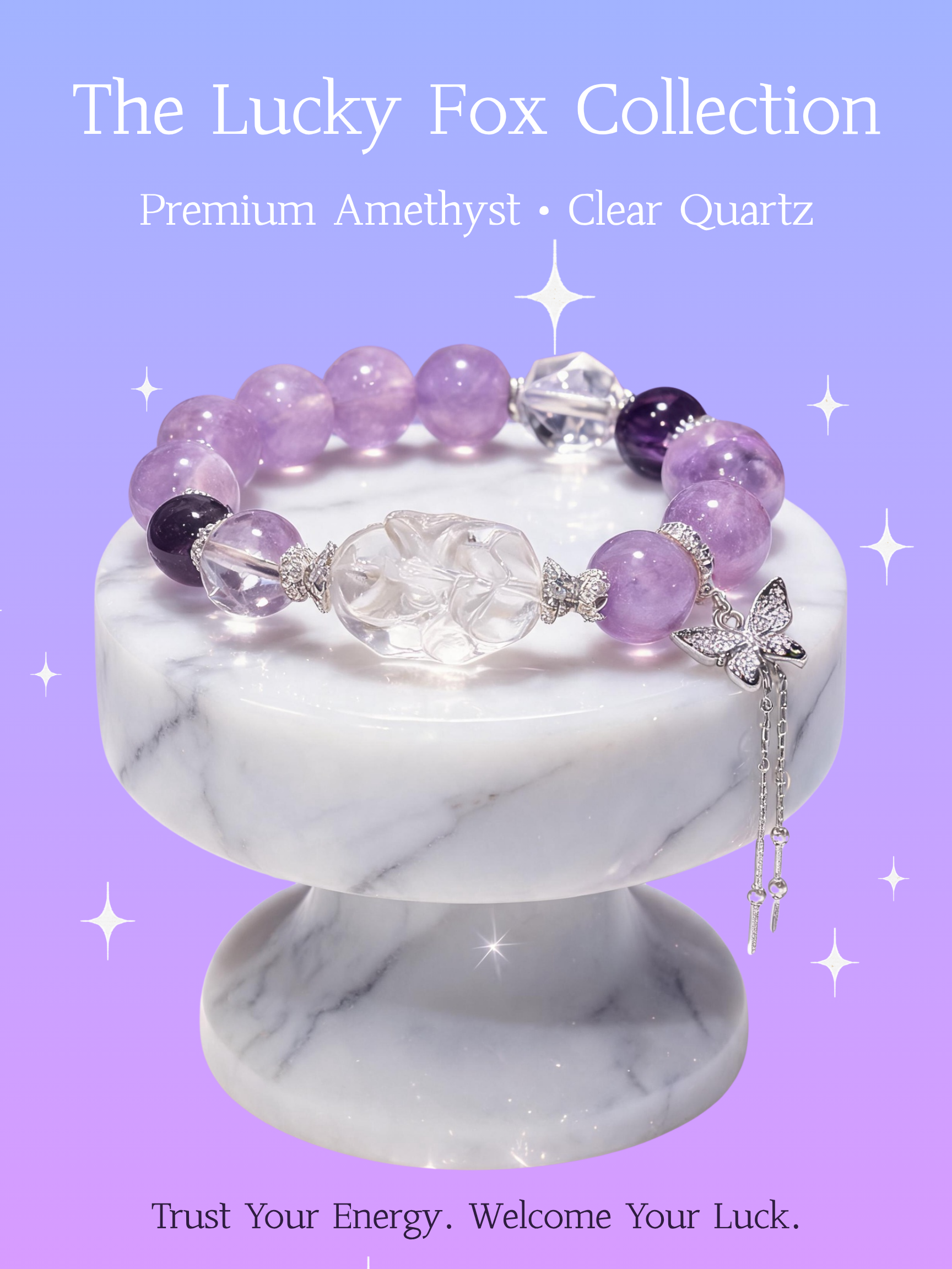 Amethyst and clear quartz fox charm bracelet