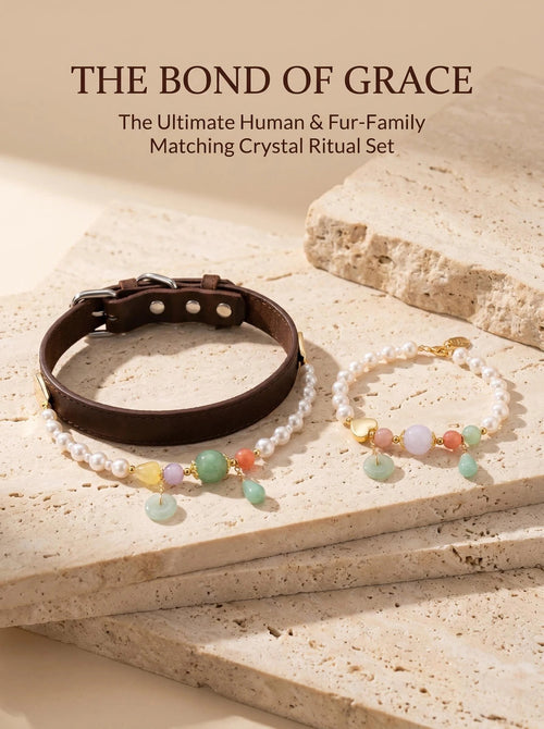 Natural Pearl & Swarovski Pearl & Strawberry Quartz human & pet set in a refined product view