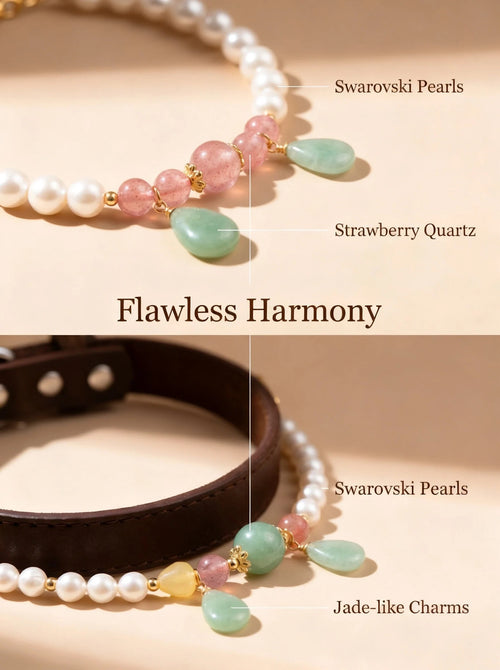 Close-up of Natural Pearl & Swarovski Pearl & Strawberry Quartz human & pet set showing natural gemstone details