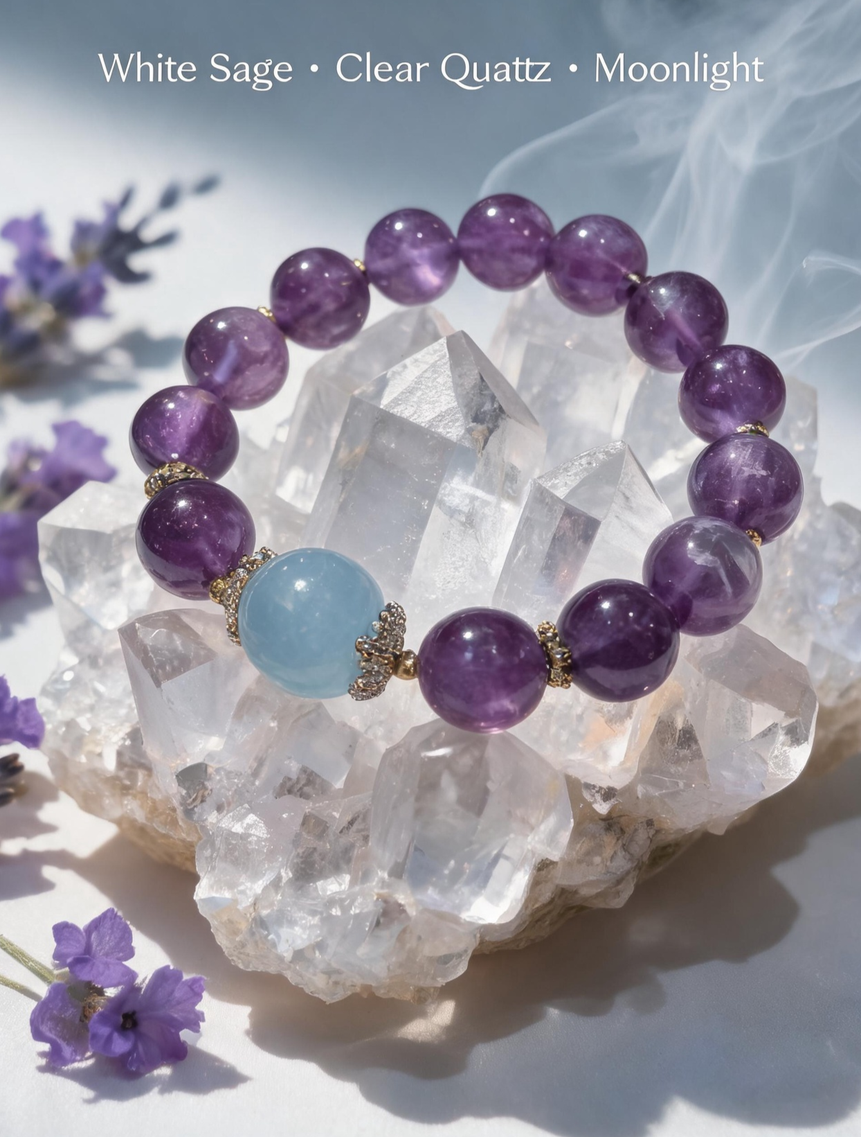 Amethyst and aquamarine bracelet resting on a selenite cleansing plate with palo santo smoke