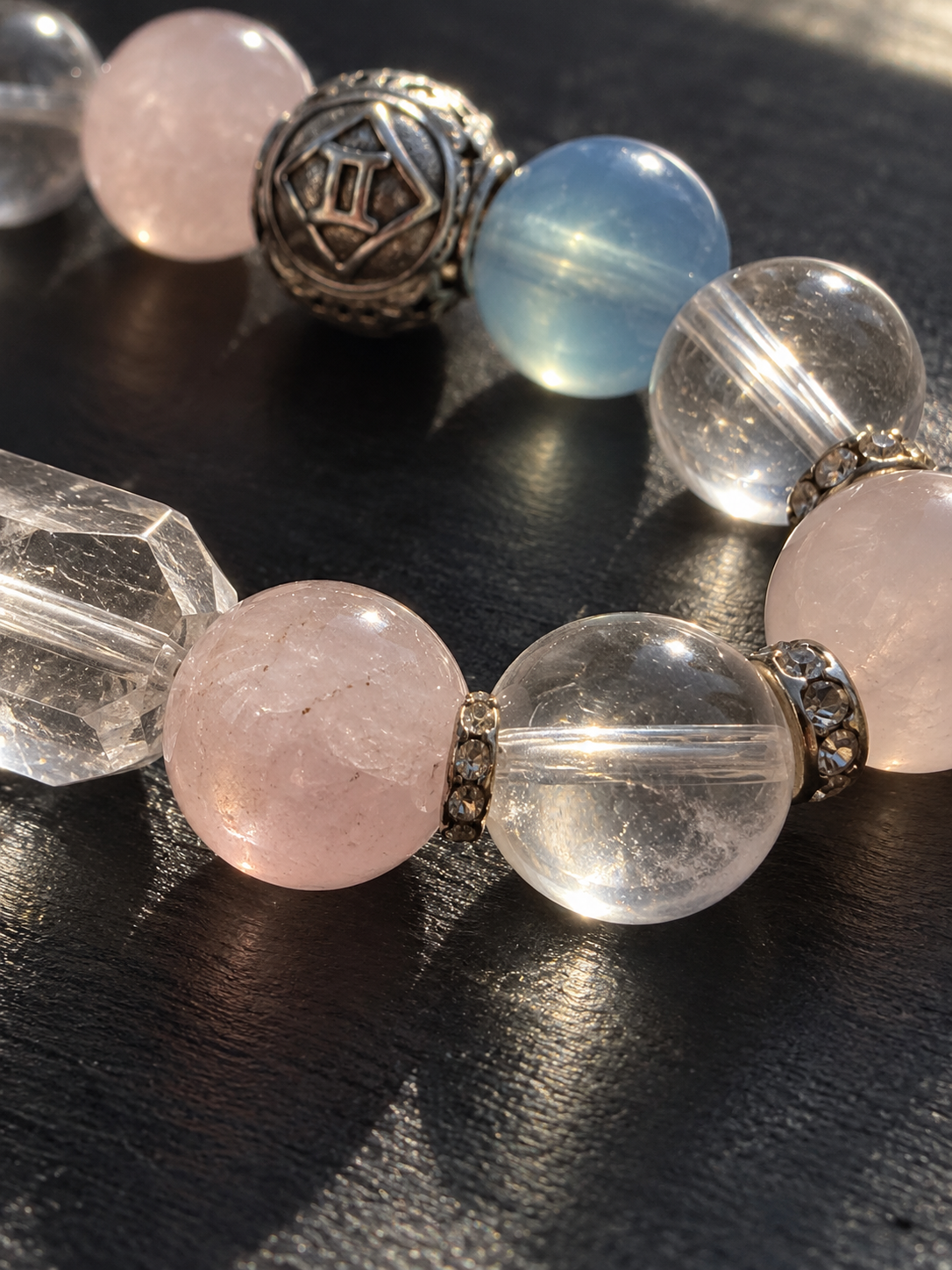 Close-up of Sagittarius bracelet featuring Aquamarine, Golden Flower Agate, Labradorite and Clear Quartz
