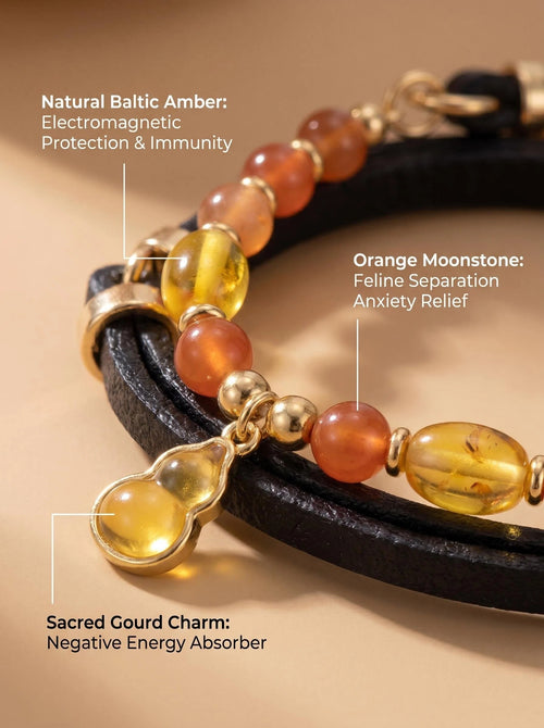 Close-up of Strawberry Quartz & Orange Moonstone & Amber pet collar showing natural gemstone details