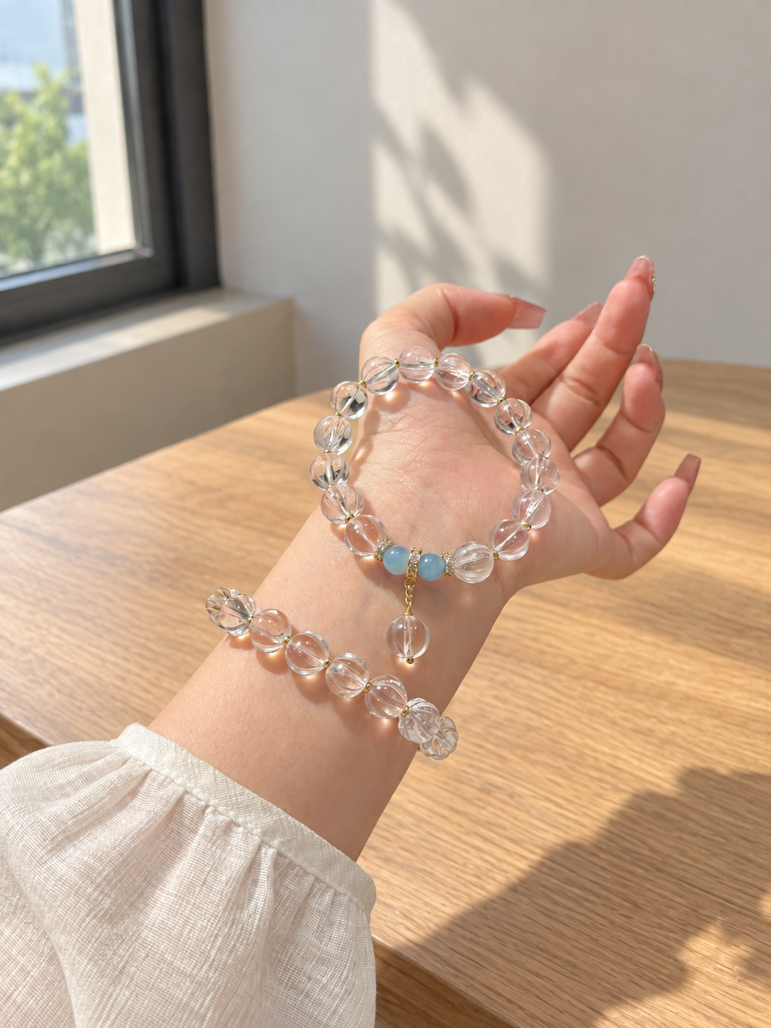 White Quartz, Aquamarine bracelet – Natural White Quartz Pumpkin Bead & Aquamarine Bracelet