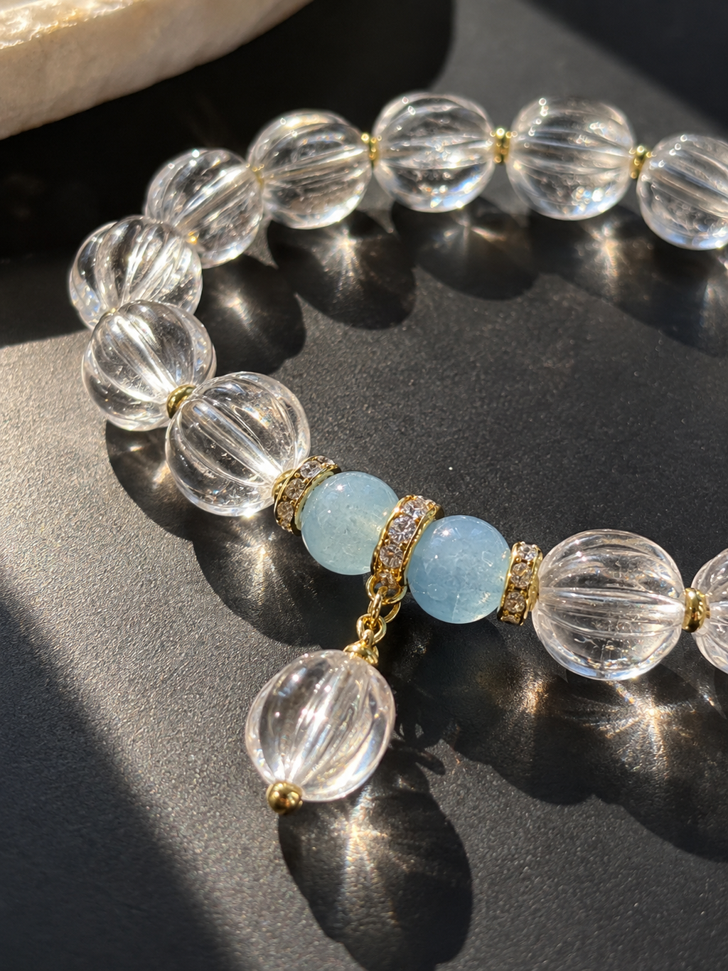 White Quartz, Aquamarine bracelet – Natural White Quartz Pumpkin Bead & Aquamarine Bracelet
