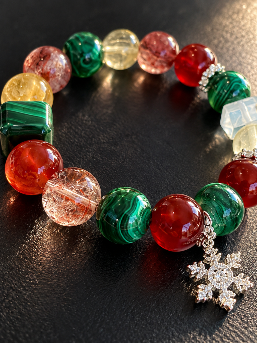 Close-up of Malachite, Red Agate, Red Flower Agate, Citrine and Yellow Fluorite bracelet beads