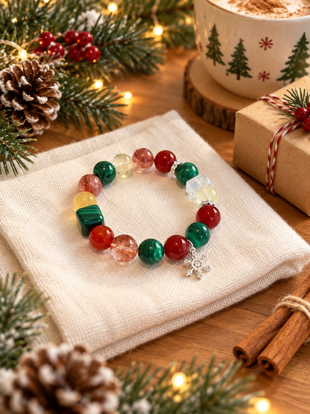 Christmas gemstone bracelet with Malachite, Red Agate, Citrine and Yellow Fluorite in festive red, green and gold tones